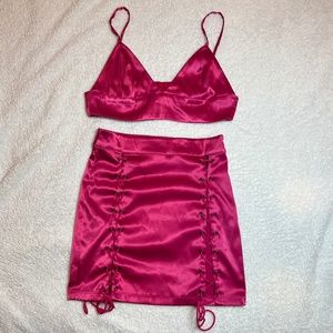 FashionNova Women's S | Small Hot Pink Satin Style Crop Top Lace Up Skirt Set